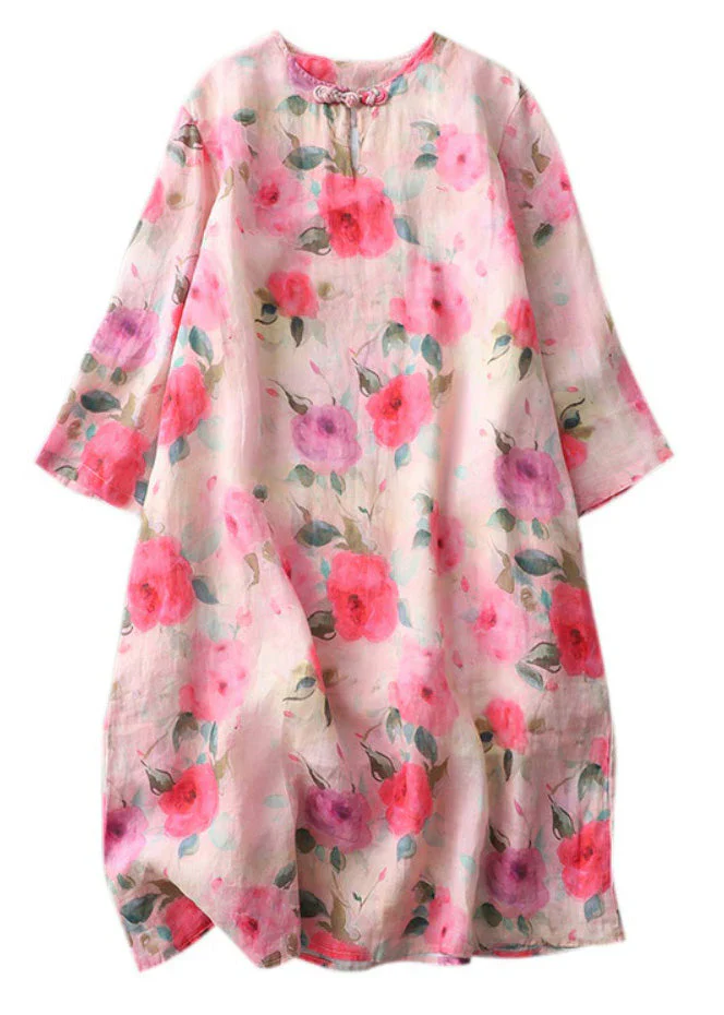 Grace Print O-Neck Button Cotton Mid Dress Half Sleeve - Image 2