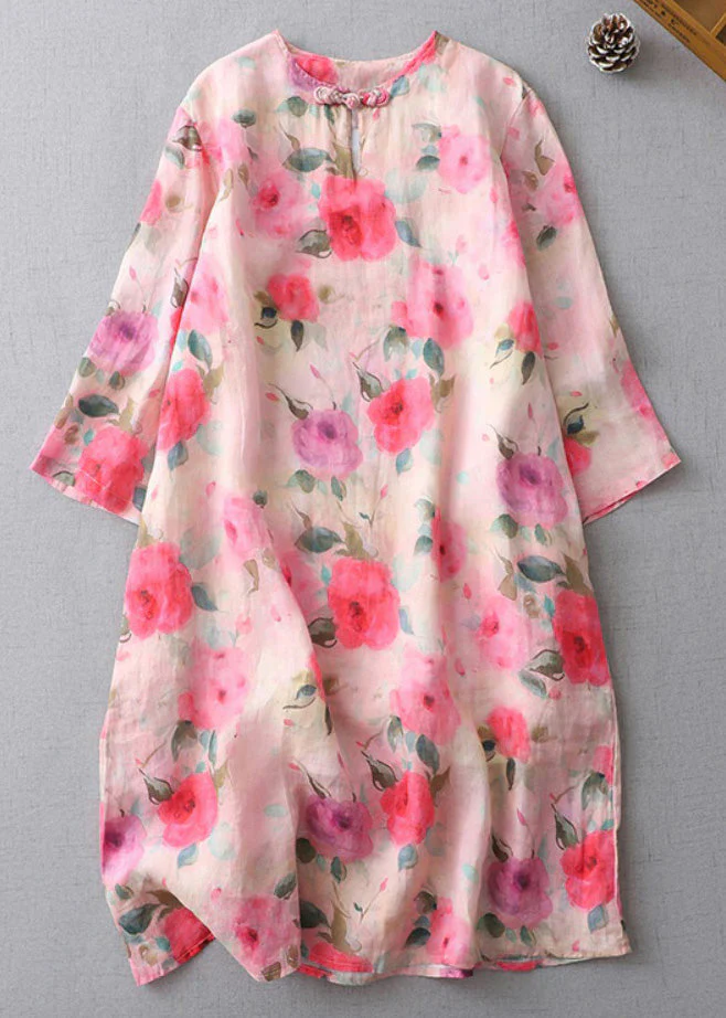 Grace Print O-Neck Button Cotton Mid Dress Half Sleeve - Image 3