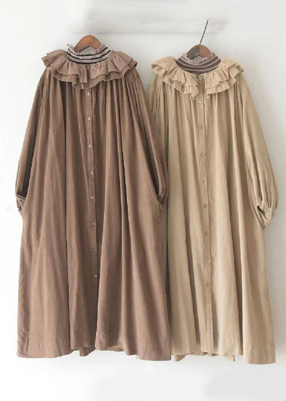 Grace Size Khaki Ruffled Button Corduroy Long Dresses Spring - Image 4