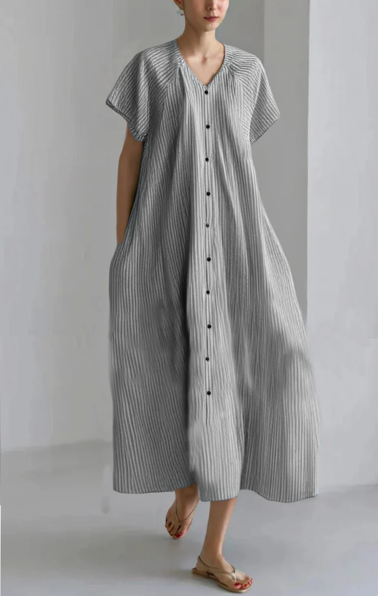 Grace Striped Ruffled Button Cotton Shirt Dress Summer
