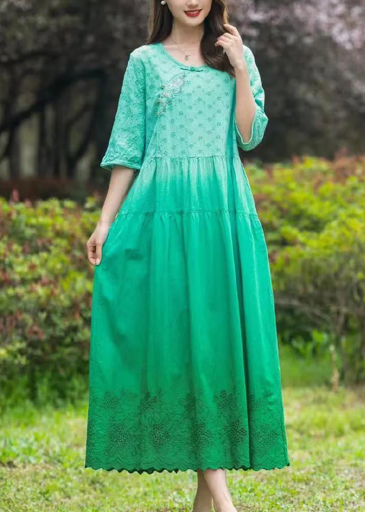 Gradient Color Blue O-Neck Patchwork Tie Dye Long Dress Summer - Image 2