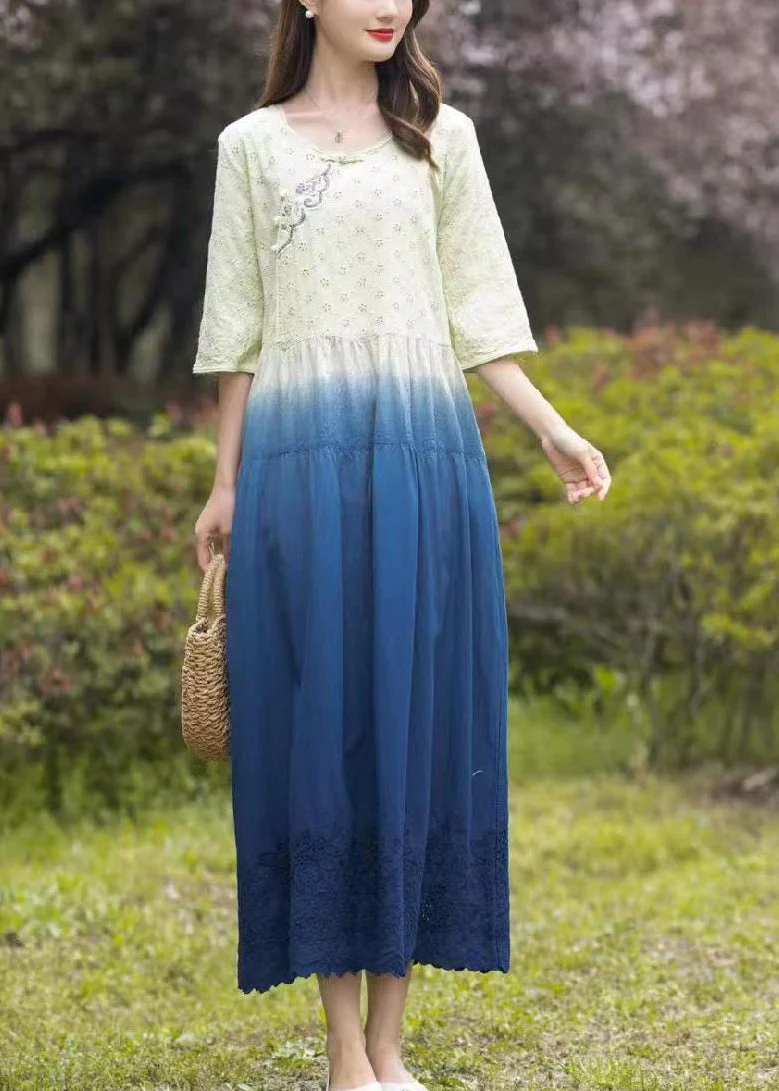 Gradient Color Blue O-Neck Patchwork Tie Dye Long Dress Summer - Image 3