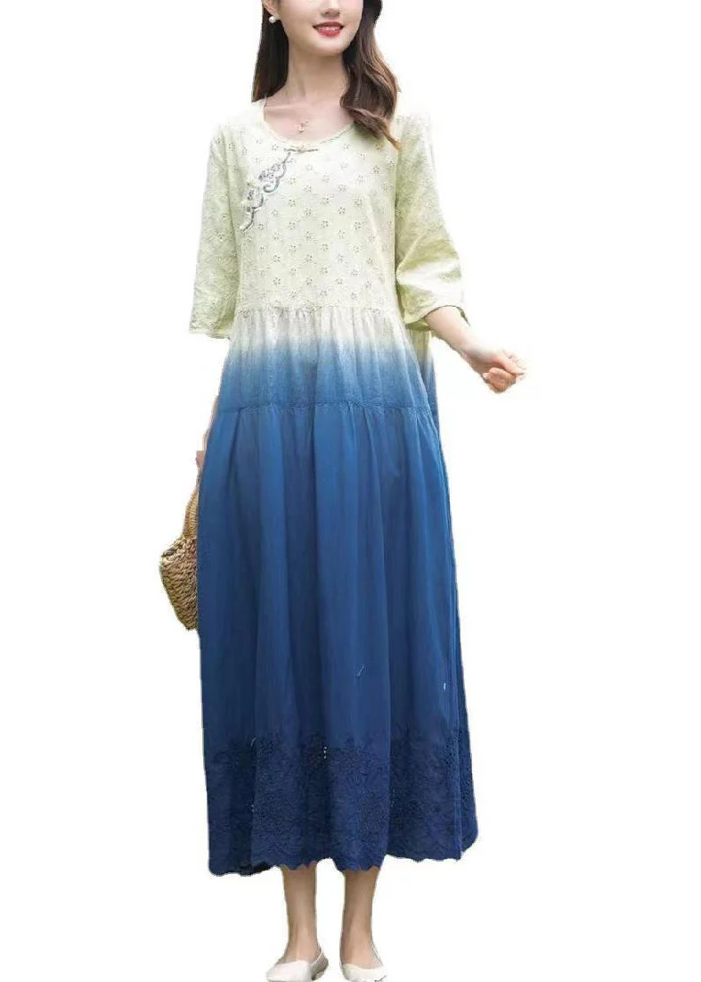 Gradient Color Blue O-Neck Patchwork Tie Dye Long Dress Summer - Image 5