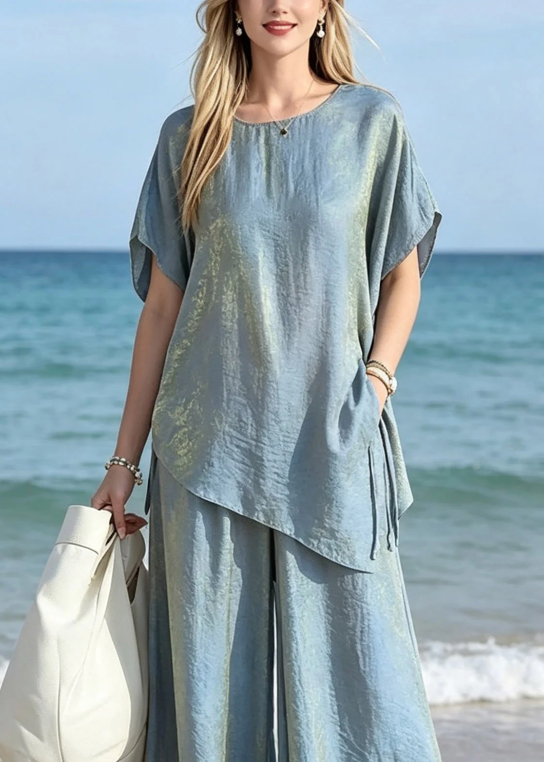Gradient Color Blue O-Neck Silk T Shirts And Wide Leg Pants Two Pieces Set Short Sleeve - Image 2