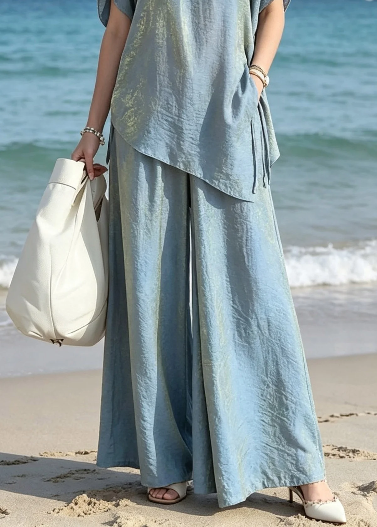 Gradient Color Blue O-Neck Silk T Shirts And Wide Leg Pants Two Pieces Set Short Sleeve - Image 4