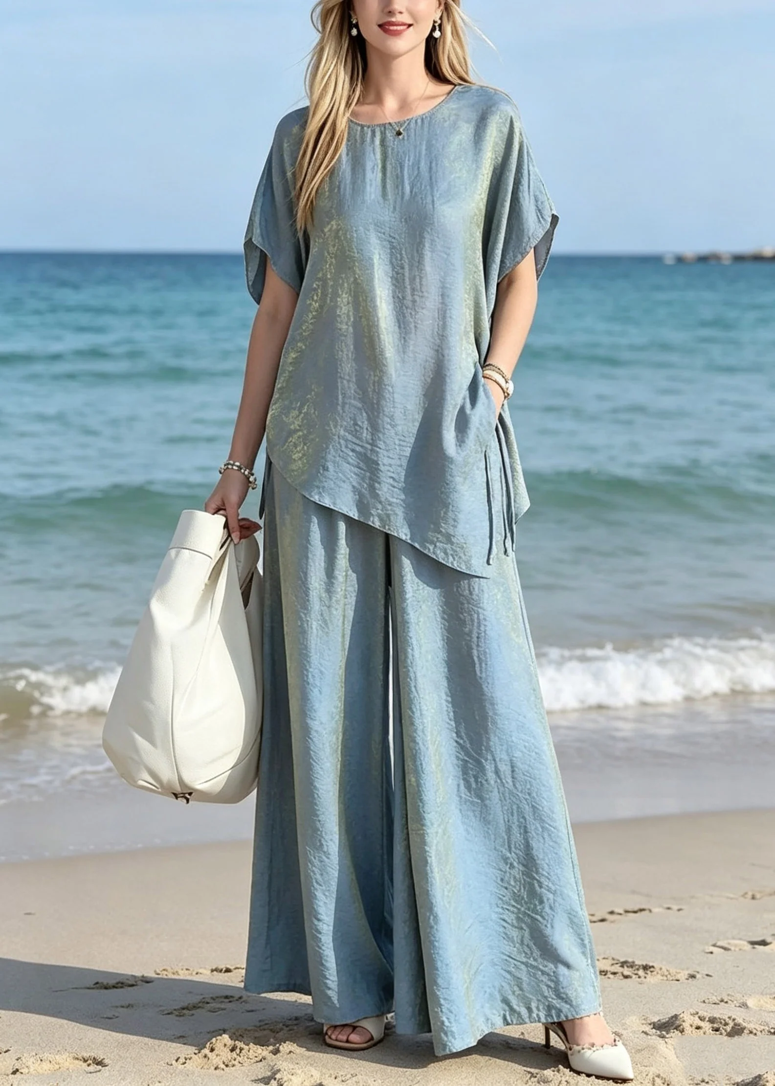 Gradient Color Blue O-Neck Silk T Shirts And Wide Leg Pants Two Pieces Set Short Sleeve - Image 5