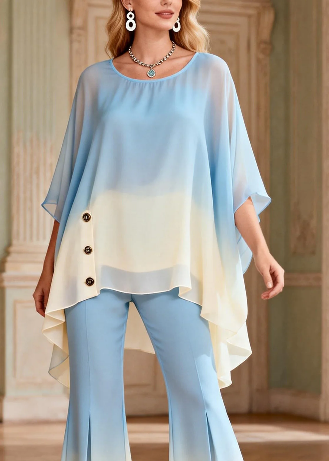 Gradient Color Blue O-Neck Top And Flared Trousers Two Pieces Set Flare Sleeve - Image 2