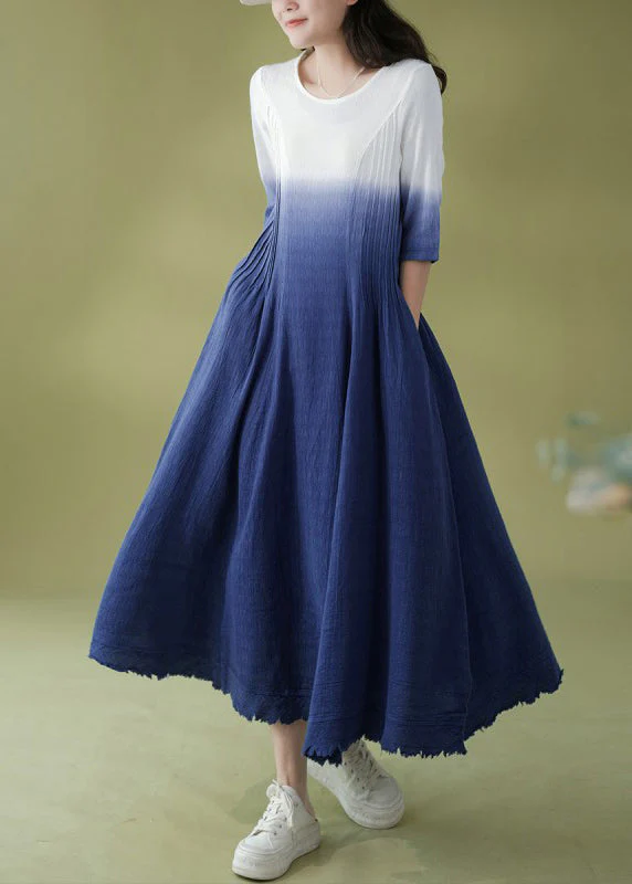 Gradient Color Blue O-Neck Wrinkled Ramie Long Dress Short Sleeve - Image 2