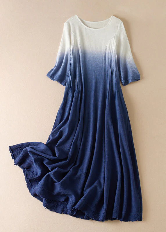 Gradient Color Blue O-Neck Wrinkled Ramie Long Dress Short Sleeve - Image 3