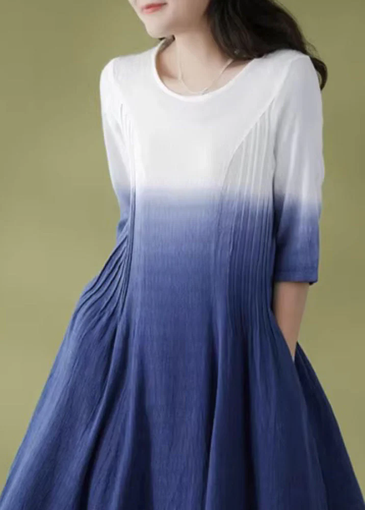 Gradient Color Blue O-Neck Wrinkled Ramie Long Dress Short Sleeve - Image 4