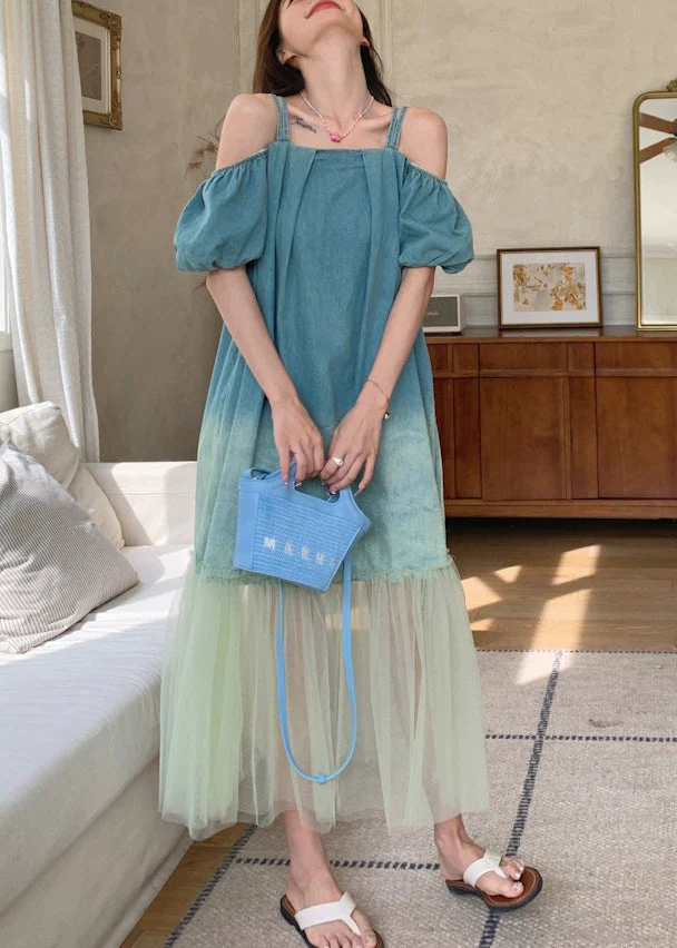 Gradient Color Blue Tulle Patchwork Spaghetti Strap Long Dress Short Sleeve - Image 2