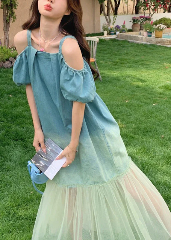 Gradient Color Blue Tulle Patchwork Spaghetti Strap Long Dress Short Sleeve - Image 3