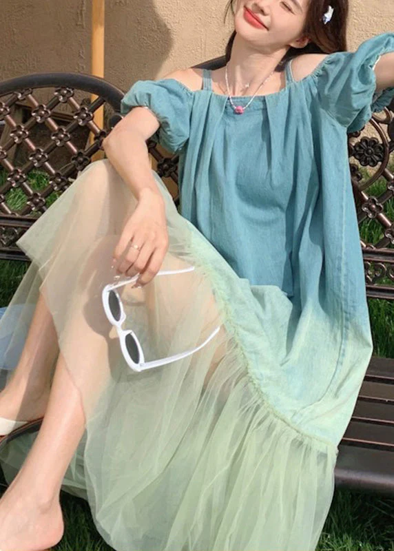 Gradient Color Blue Tulle Patchwork Spaghetti Strap Long Dress Short Sleeve - Image 4