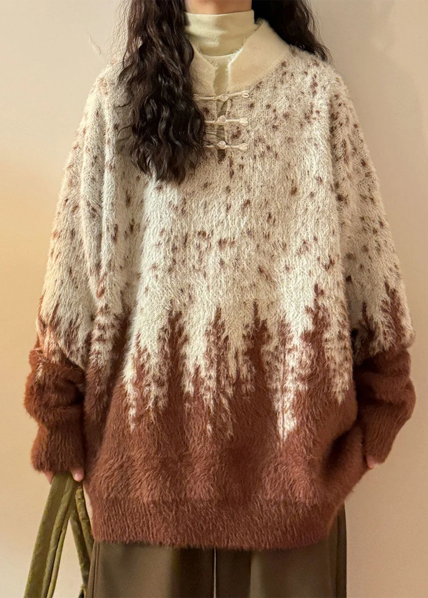 Gradient Color Chinese Button Cozy Knit Sweaters Stand Collar - Image 2