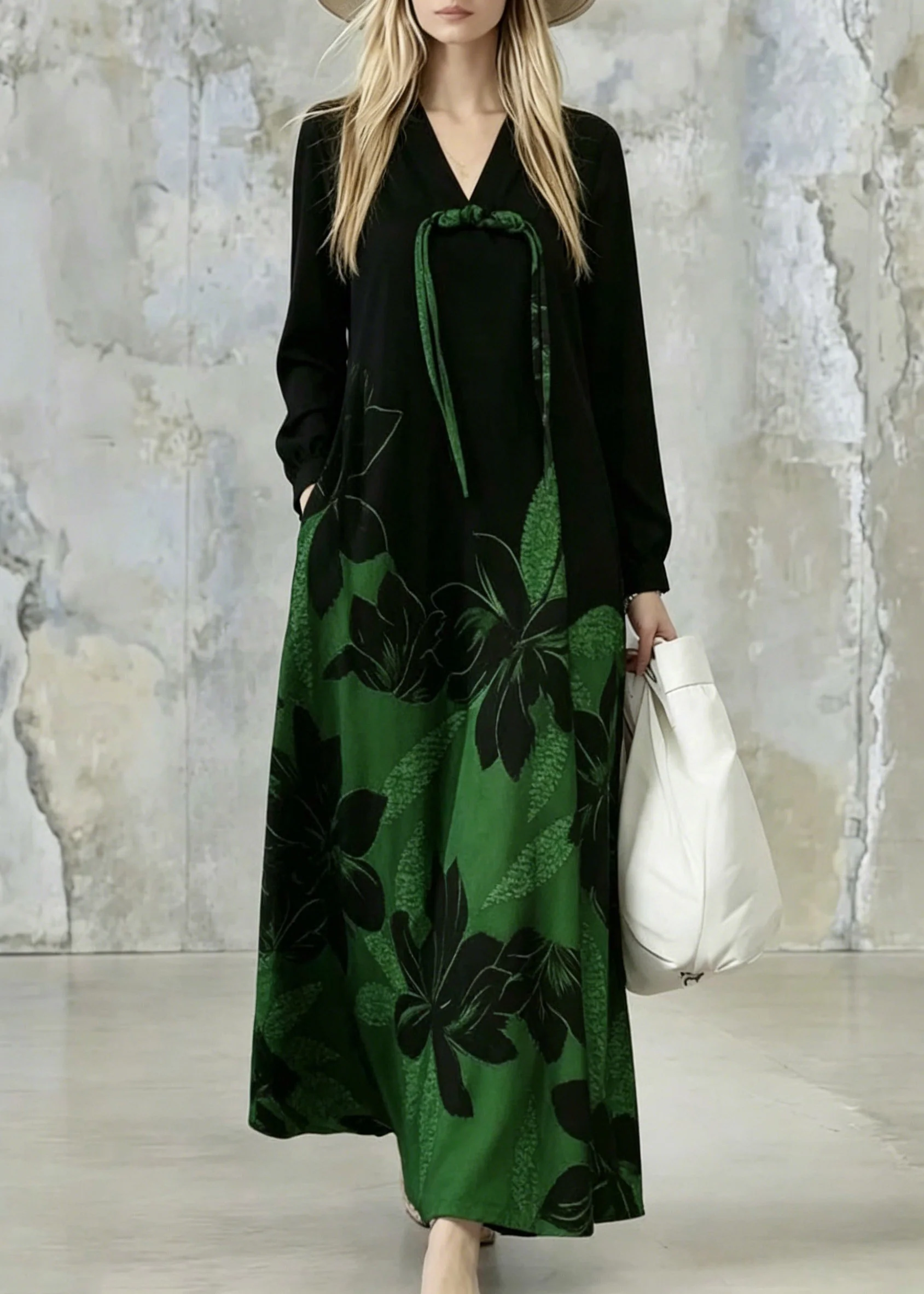Gradient Color Green Print Pockets Tassel Maxi Dresses Fall - Image 3
