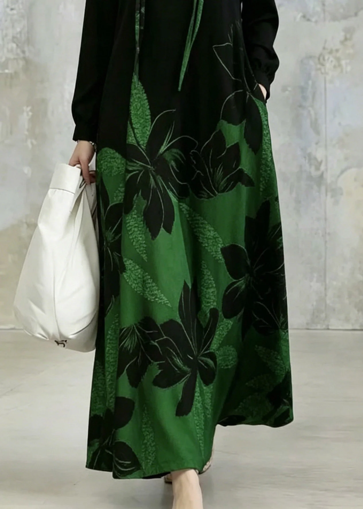 Gradient Color Green Print Pockets Tassel Maxi Dresses Fall - Image 4
