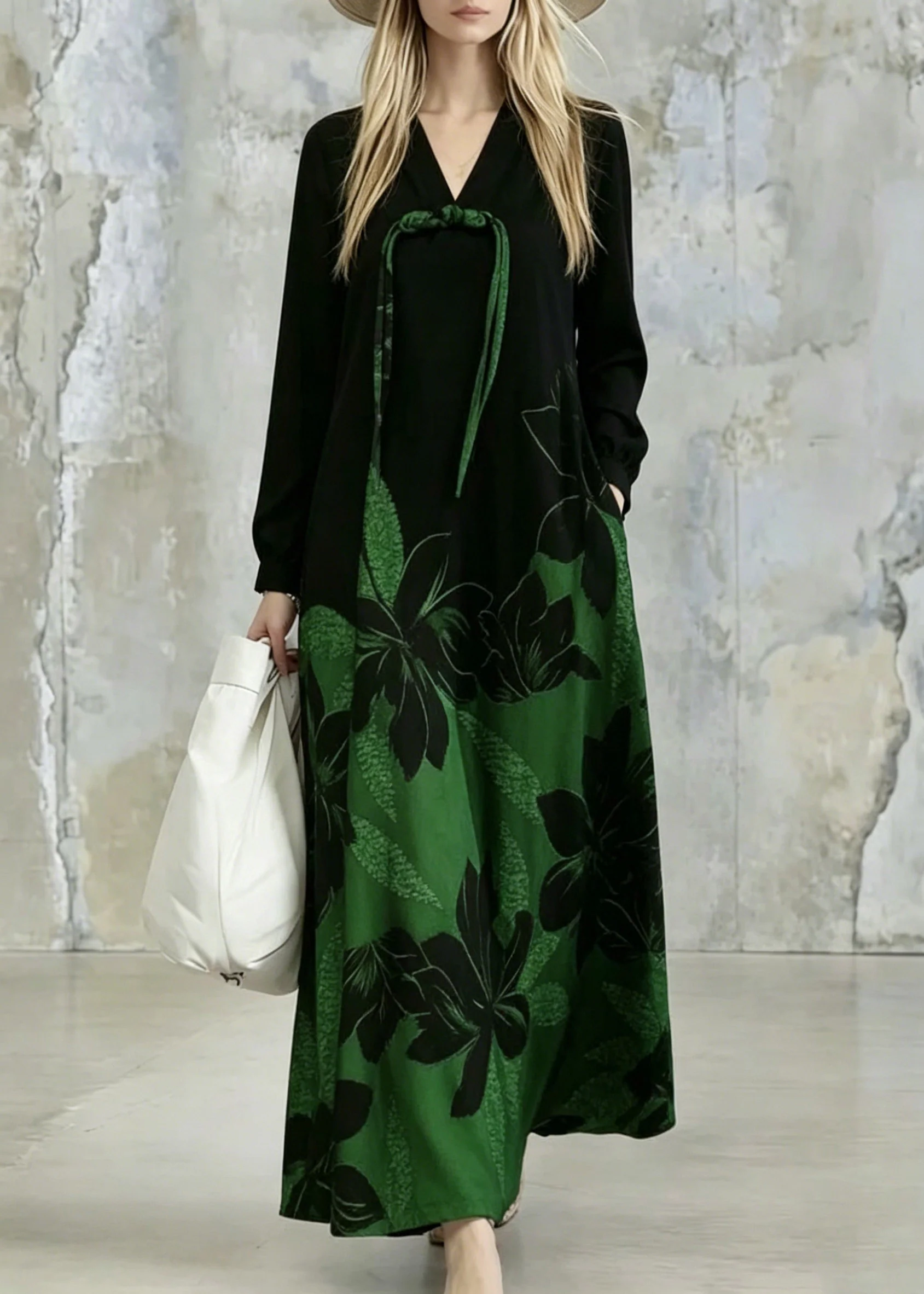 Gradient Color Green Print Pockets Tassel Maxi Dresses Fall - Image 5