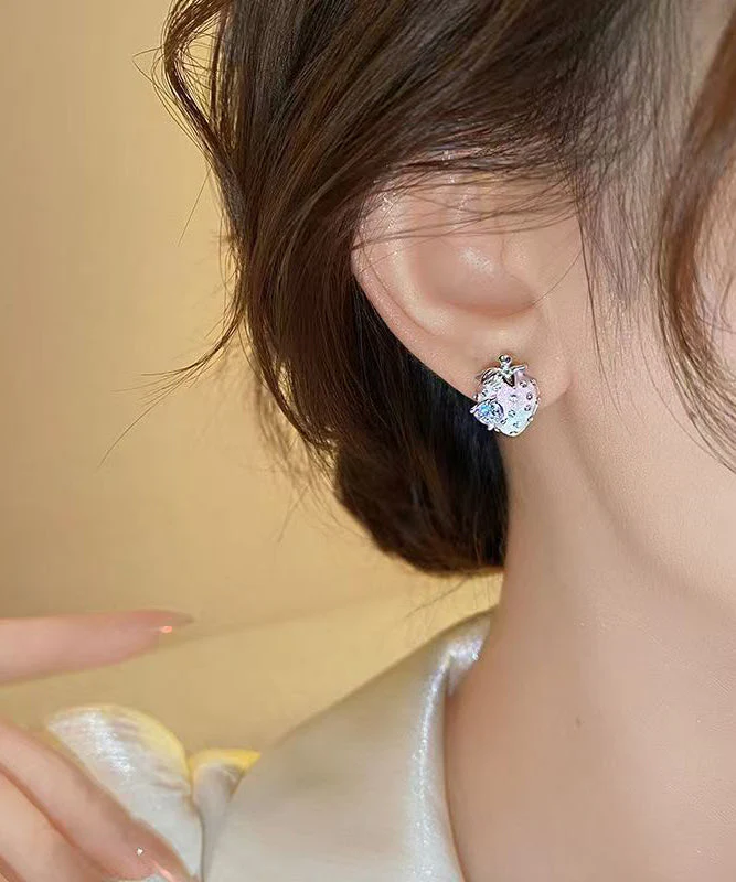 Gradient Color Pink Alloy Zircon Strawberry Stud Earrings - Image 2