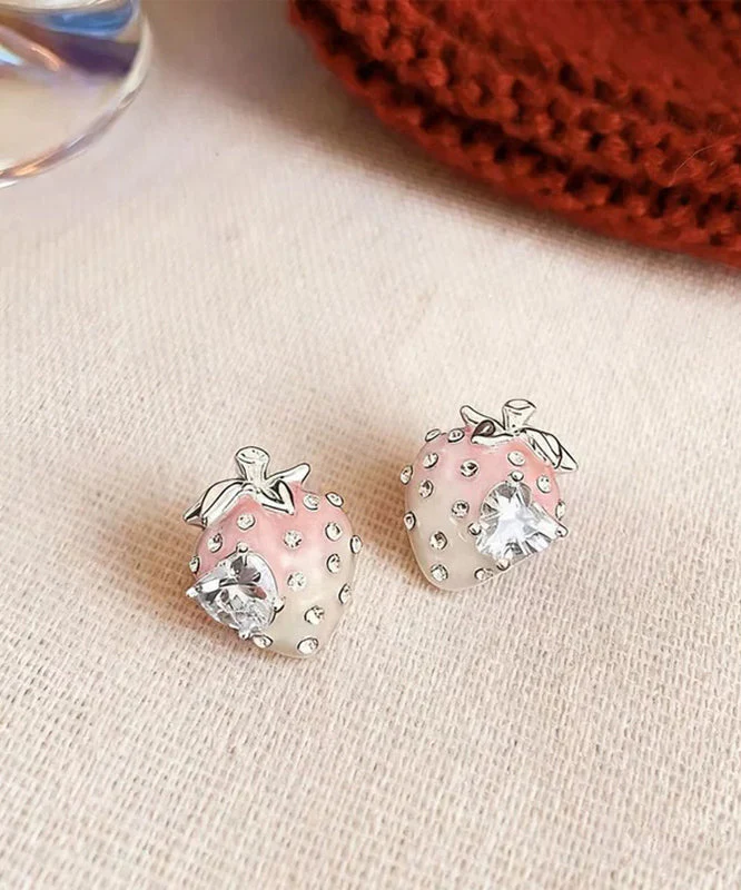 Gradient Color Pink Alloy Zircon Strawberry Stud Earrings - Image 4