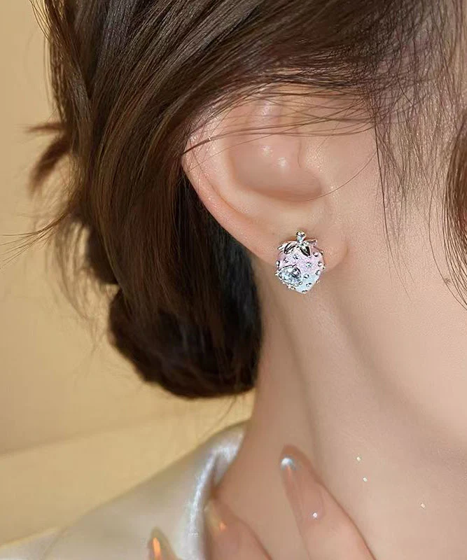 Gradient Color Pink Alloy Zircon Strawberry Stud Earrings - Image 5