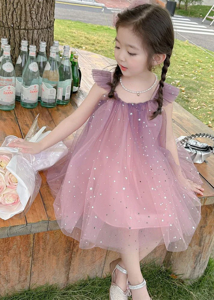 Gradient Color Pink O-Neck Sequins Tulle Girls Mid Dress Short Sleeve - Image 4