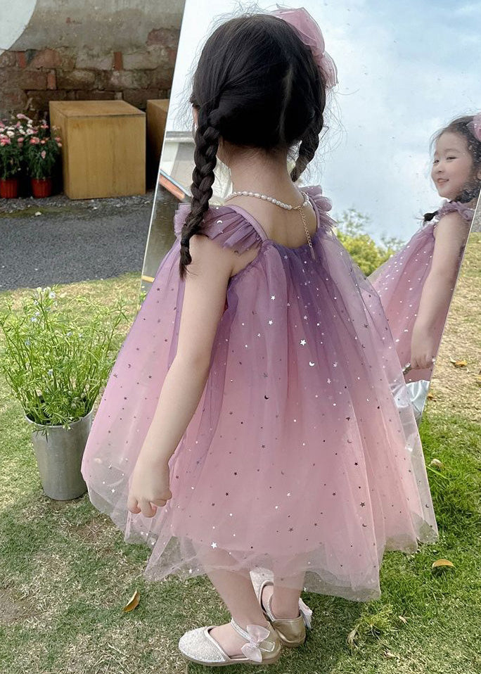 Gradient Color Pink O-Neck Sequins Tulle Girls Mid Dress Short Sleeve - Image 5