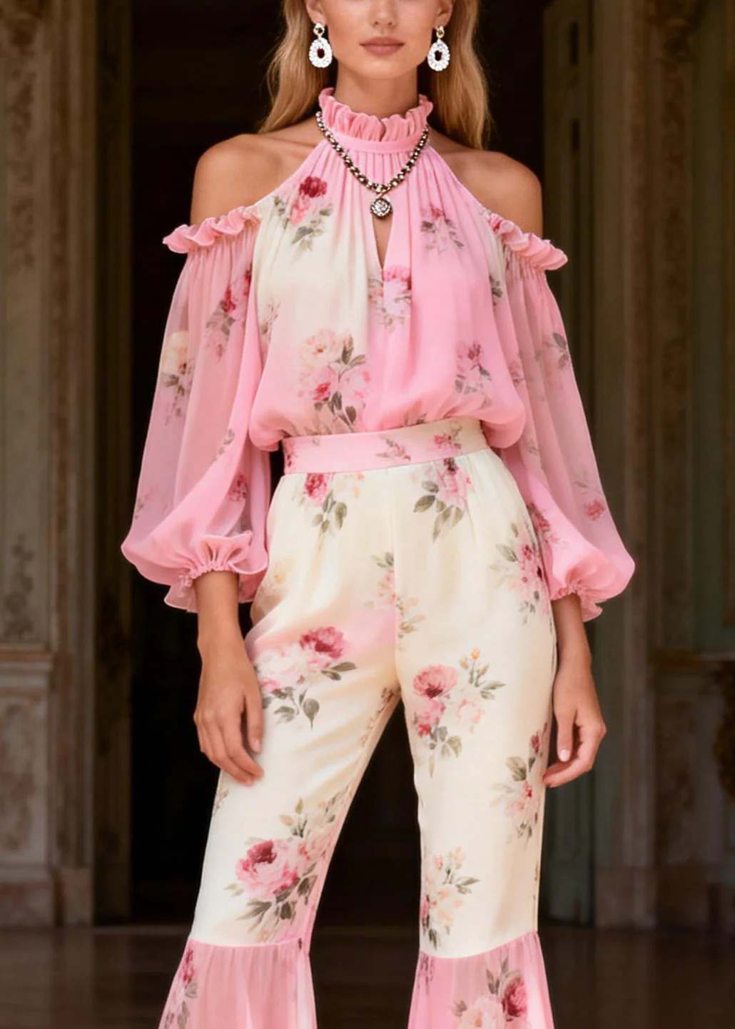 Gradient Color Pink Turtleneck Print Chiffon Shirts And Flared Trousers Two Pieces Set Spring - Image 2