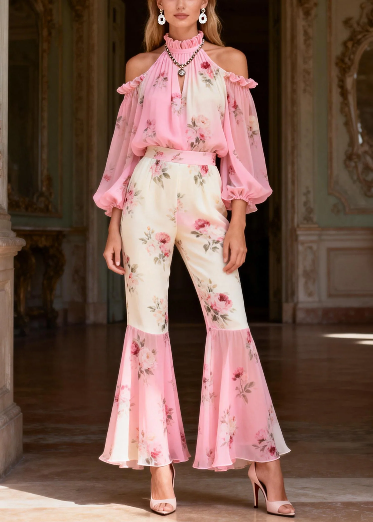 Gradient Color Pink Turtleneck Print Chiffon Shirts And Flared Trousers Two Pieces Set Spring - Image 3