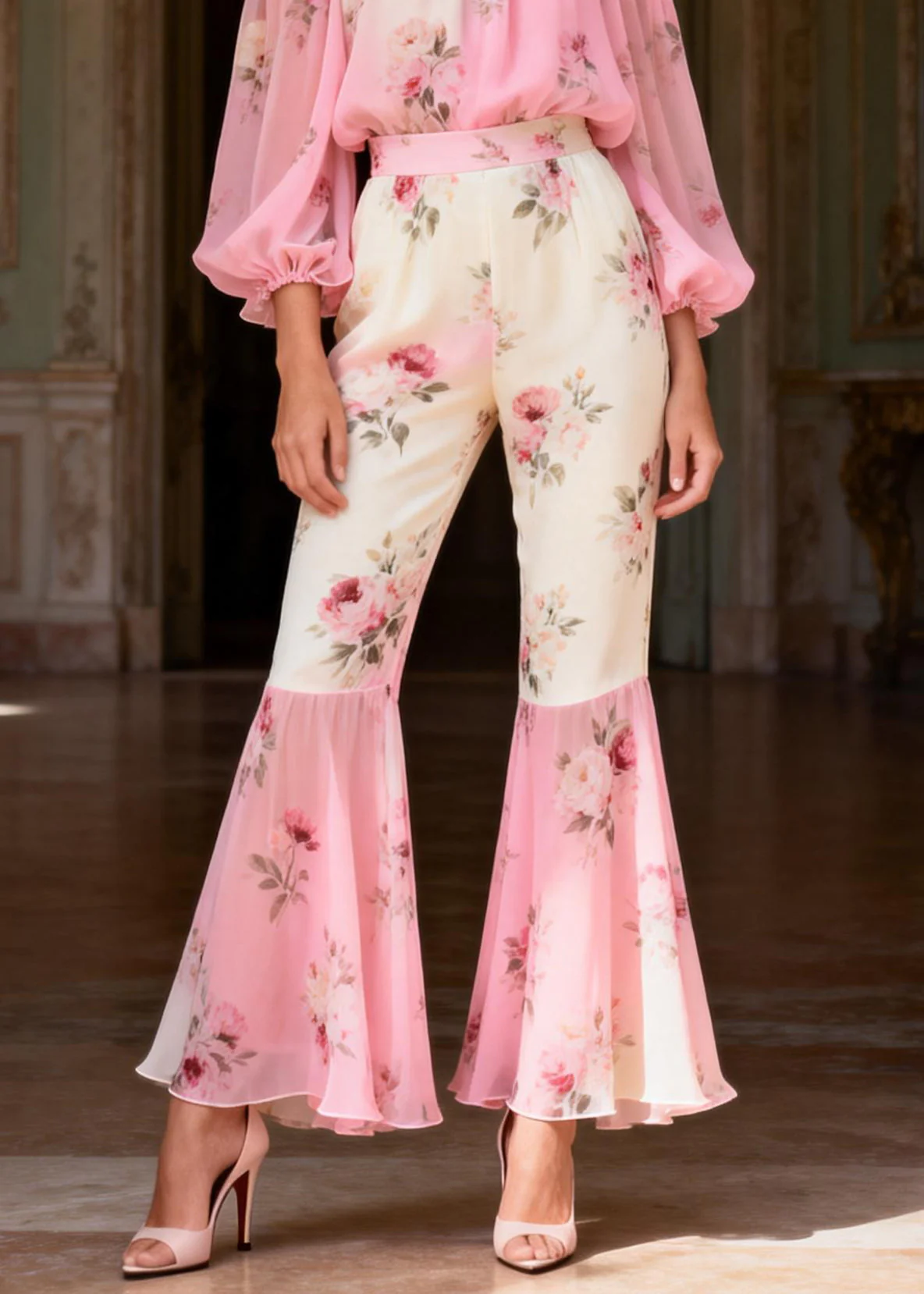 Gradient Color Pink Turtleneck Print Chiffon Shirts And Flared Trousers Two Pieces Set Spring - Image 4