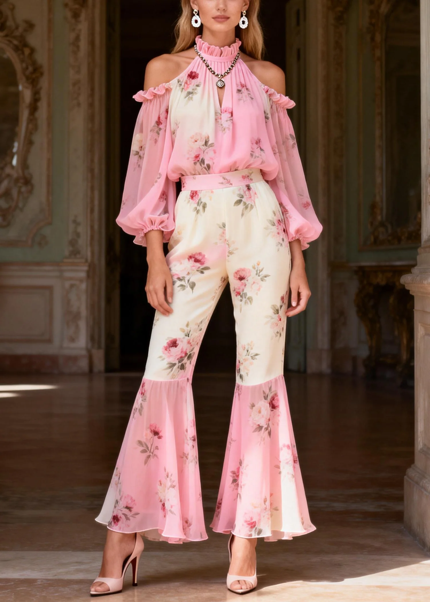 Gradient Color Pink Turtleneck Print Chiffon Shirts And Flared Trousers Two Pieces Set Spring - Image 5