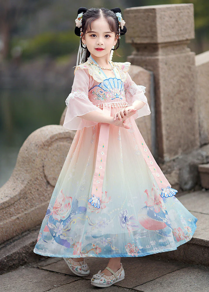 Gradient Color Print Lace Patchwork Tassel Girls Holiday Long Dress Summer - Image 3