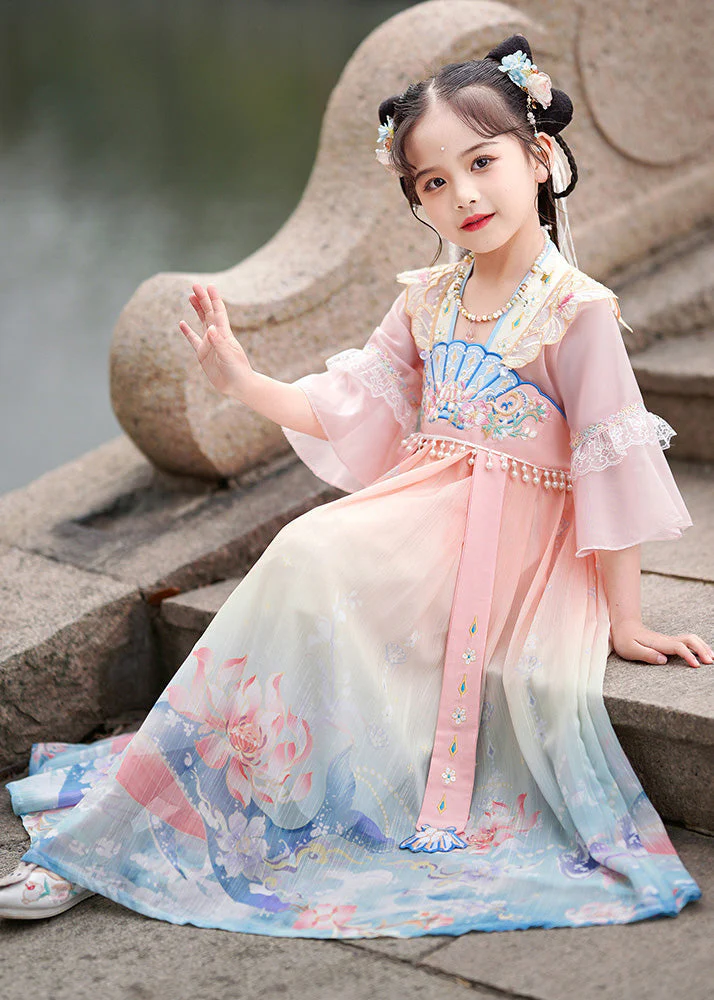 Gradient Color Print Lace Patchwork Tassel Girls Holiday Long Dress Summer - Image 4
