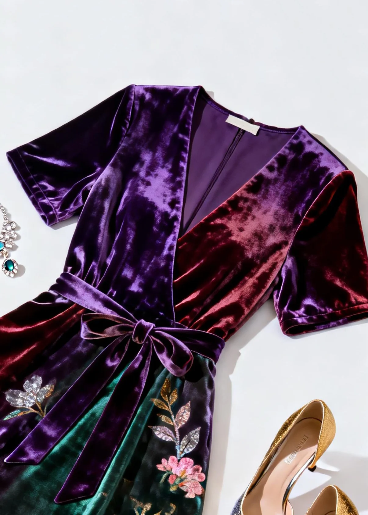 Gradient Color Print Tie Waist Silk Velvet Dresses V Neck Summer - Image 2