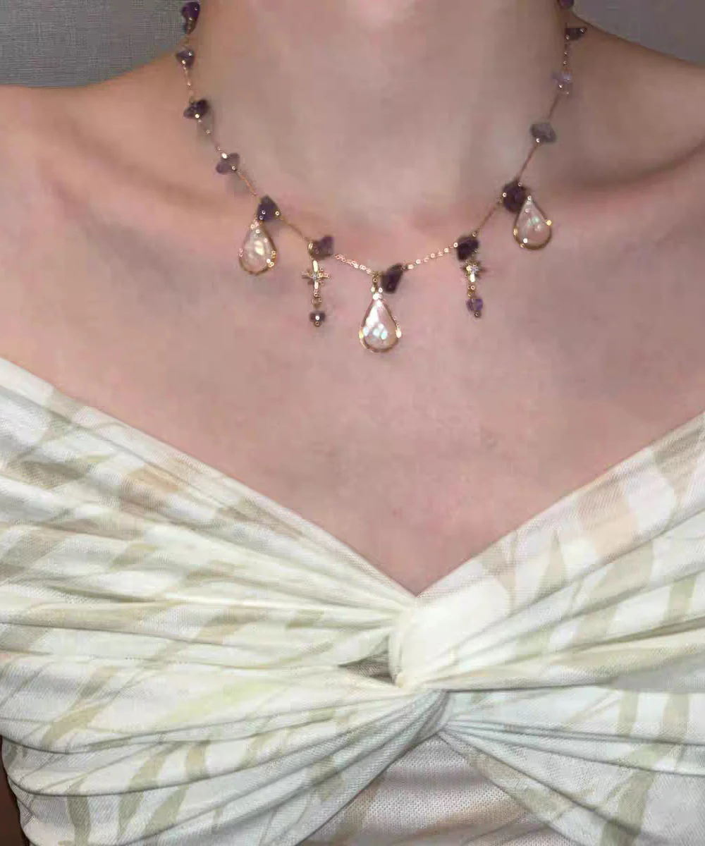Gradient Color Purple Copper Overgild Crystal Star Water Droplet Pendant Necklace - Image 3