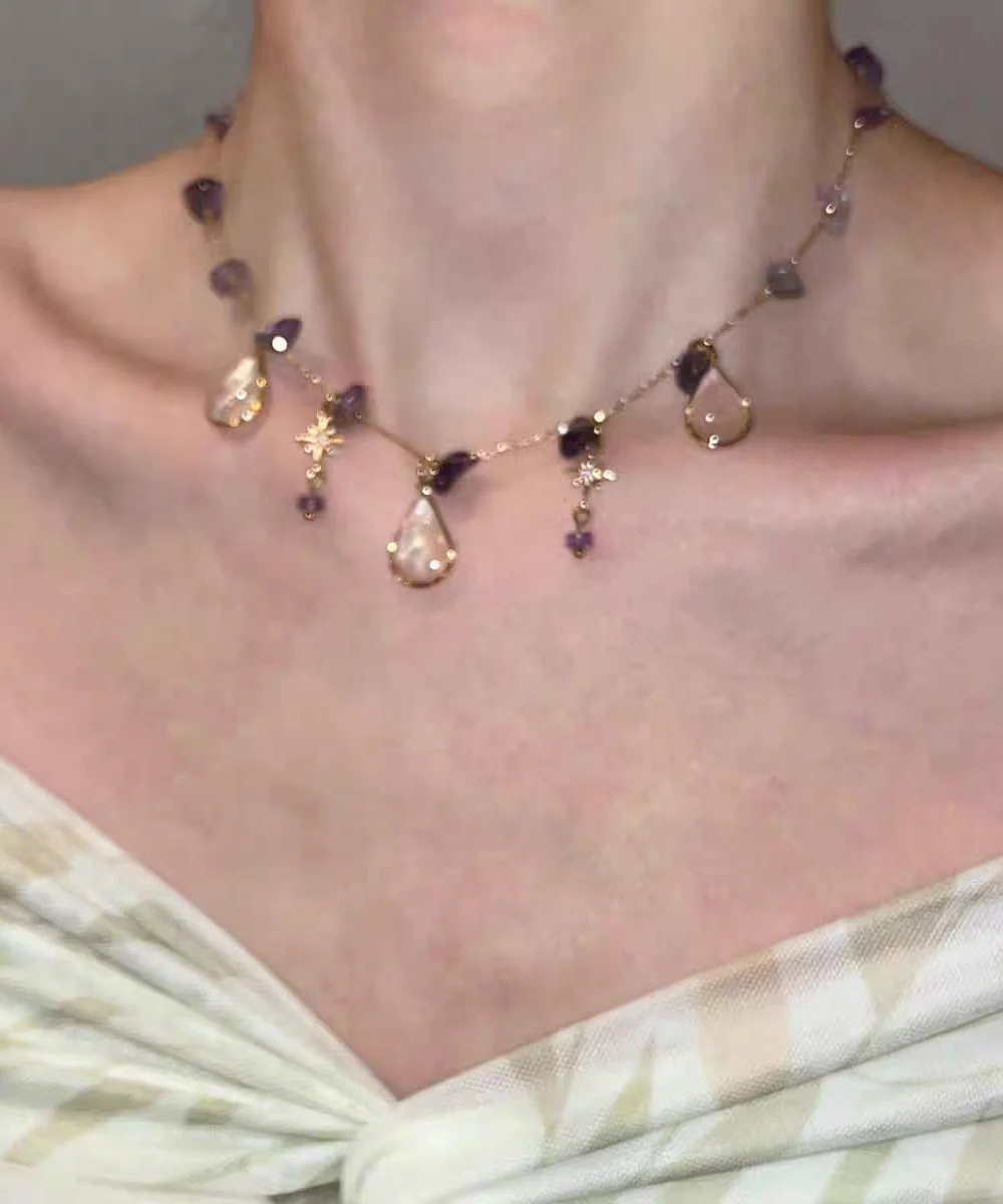 Gradient Color Purple Copper Overgild Crystal Star Water Droplet Pendant Necklace - Image 4