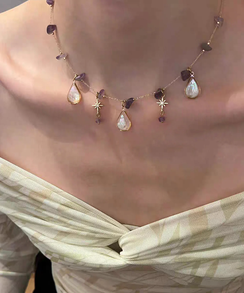 Gradient Color Purple Copper Overgild Crystal Star Water Droplet Pendant Necklace - Image 5