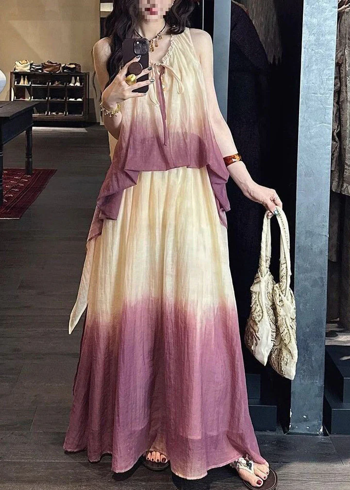 Gradient Color Red Halter Maxi Spaghetti Strap Sundress Sleeveless - Image 2