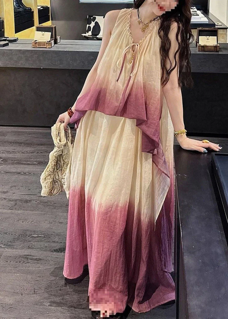 Gradient Color Red Halter Maxi Spaghetti Strap Sundress Sleeveless - Image 4