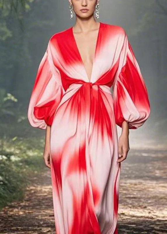 Gradient Color Red V Neck Tunic Chiffon Lantern Sleeve Maxi Dress Lantern Sleeve - Image 2