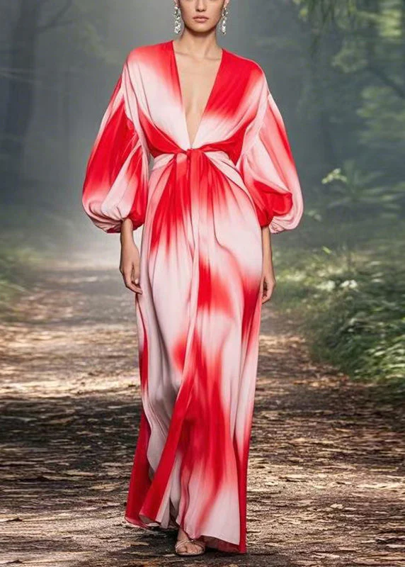 Gradient Color Red V Neck Tunic Chiffon Lantern Sleeve Maxi Dress Lantern Sleeve - Image 3