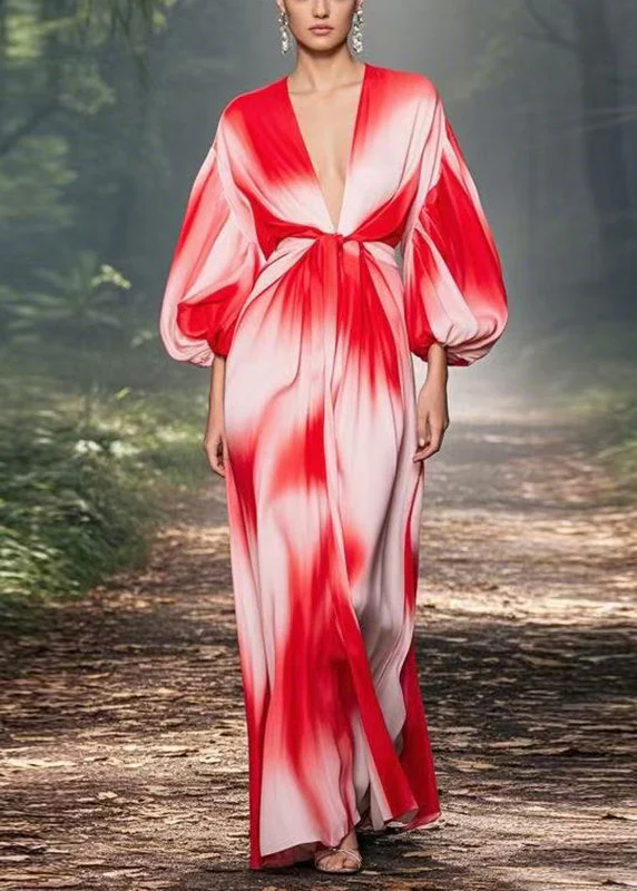 Gradient Color Red V Neck Tunic Chiffon Lantern Sleeve Maxi Dress Lantern Sleeve - Image 5
