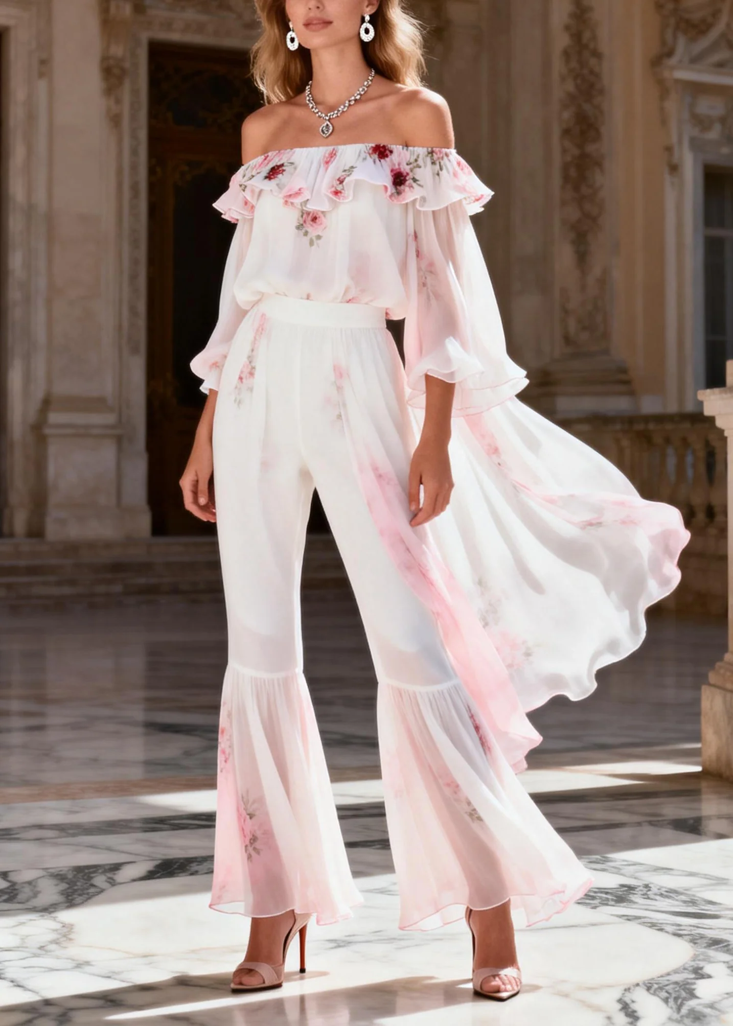 Gradient Color Slash Neck Print Chiffon Top And Flared Trousers Two Pieces Set Long Sleeve - Image 3