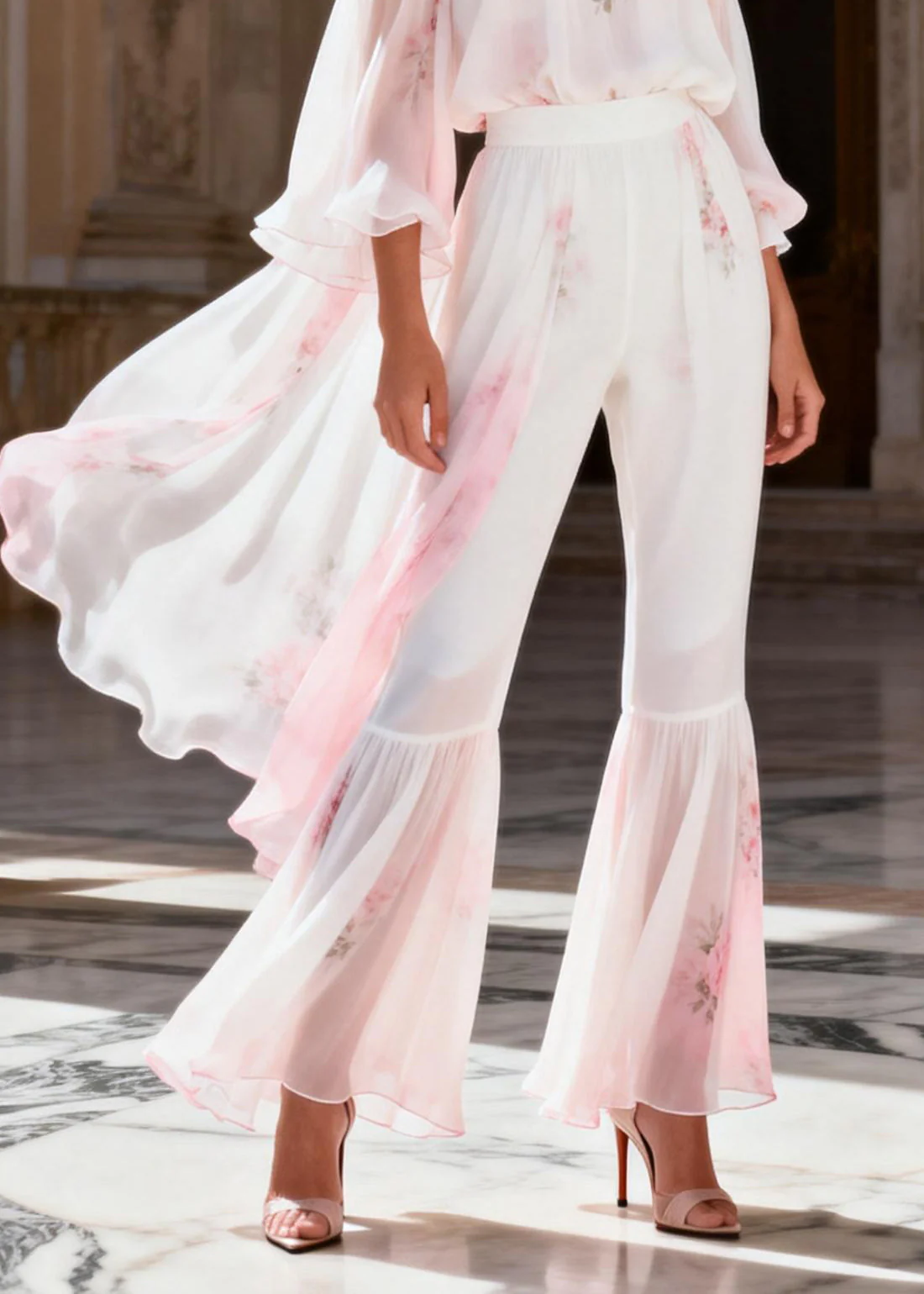 Gradient Color Slash Neck Print Chiffon Top And Flared Trousers Two Pieces Set Long Sleeve - Image 4
