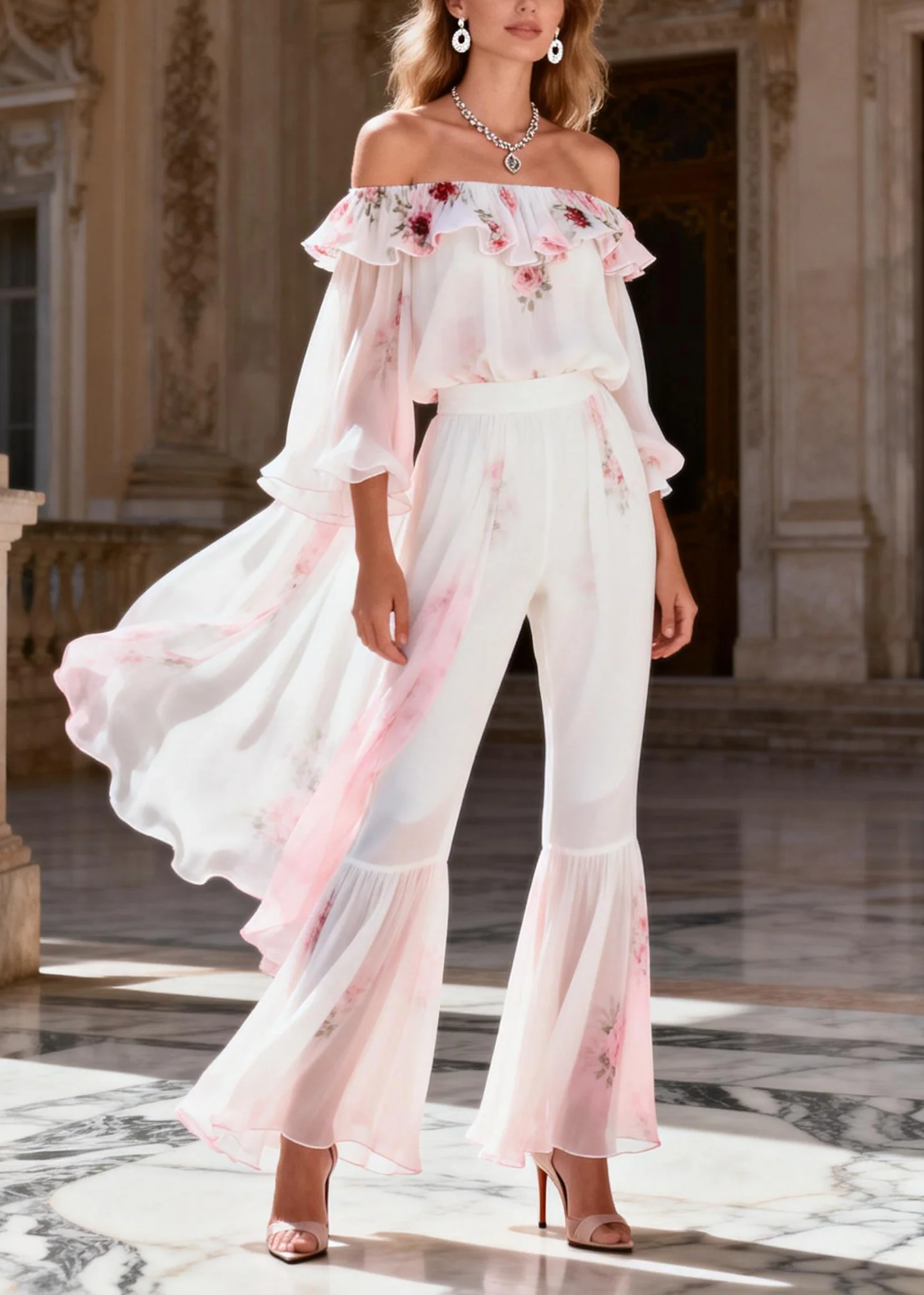 Gradient Color Slash Neck Print Chiffon Top And Flared Trousers Two Pieces Set Long Sleeve - Image 5