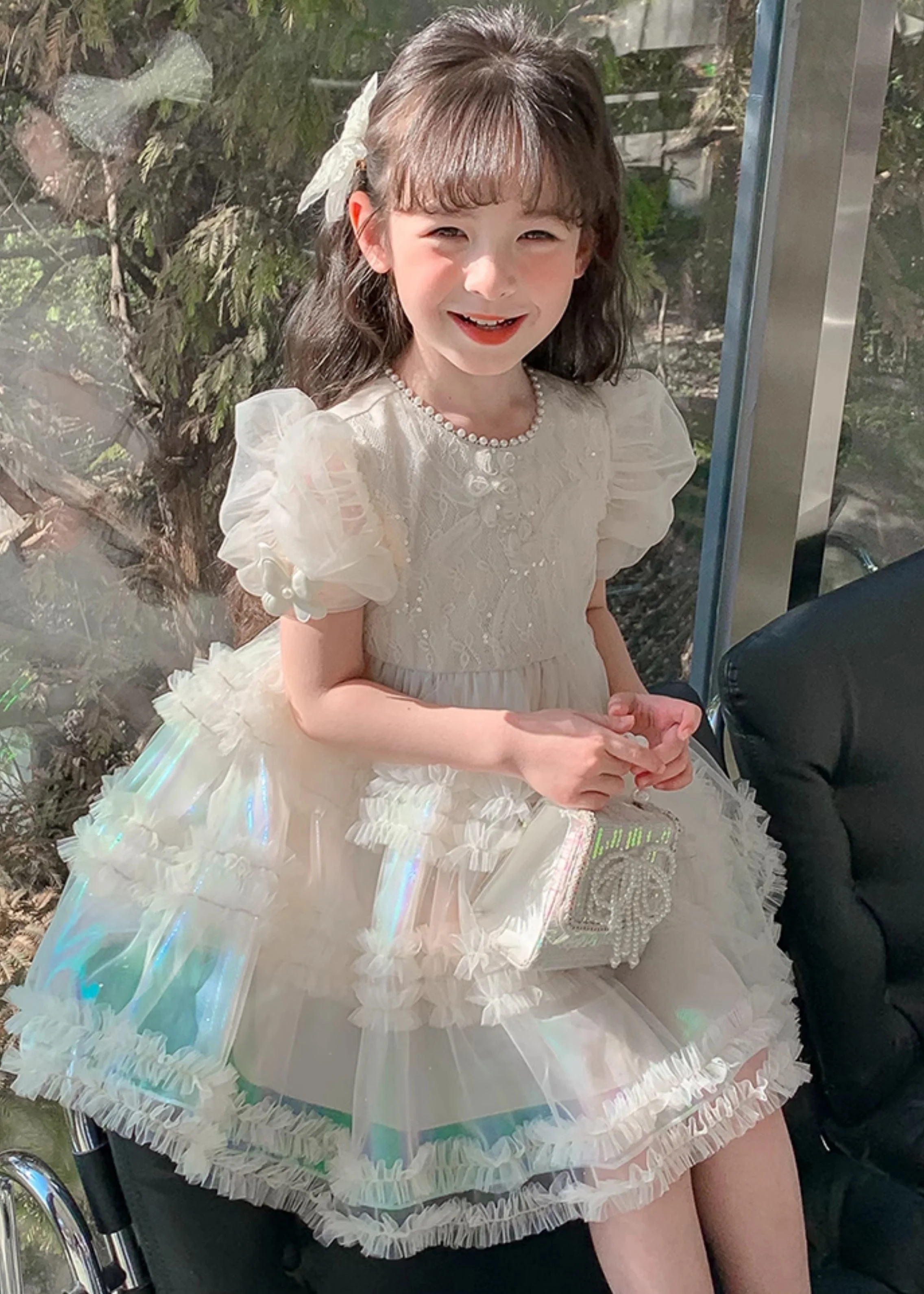 Gradient Color White Ruffled Patchwork Nail Bead Tulle Kids Long Dress Short Sleeve - Image 2