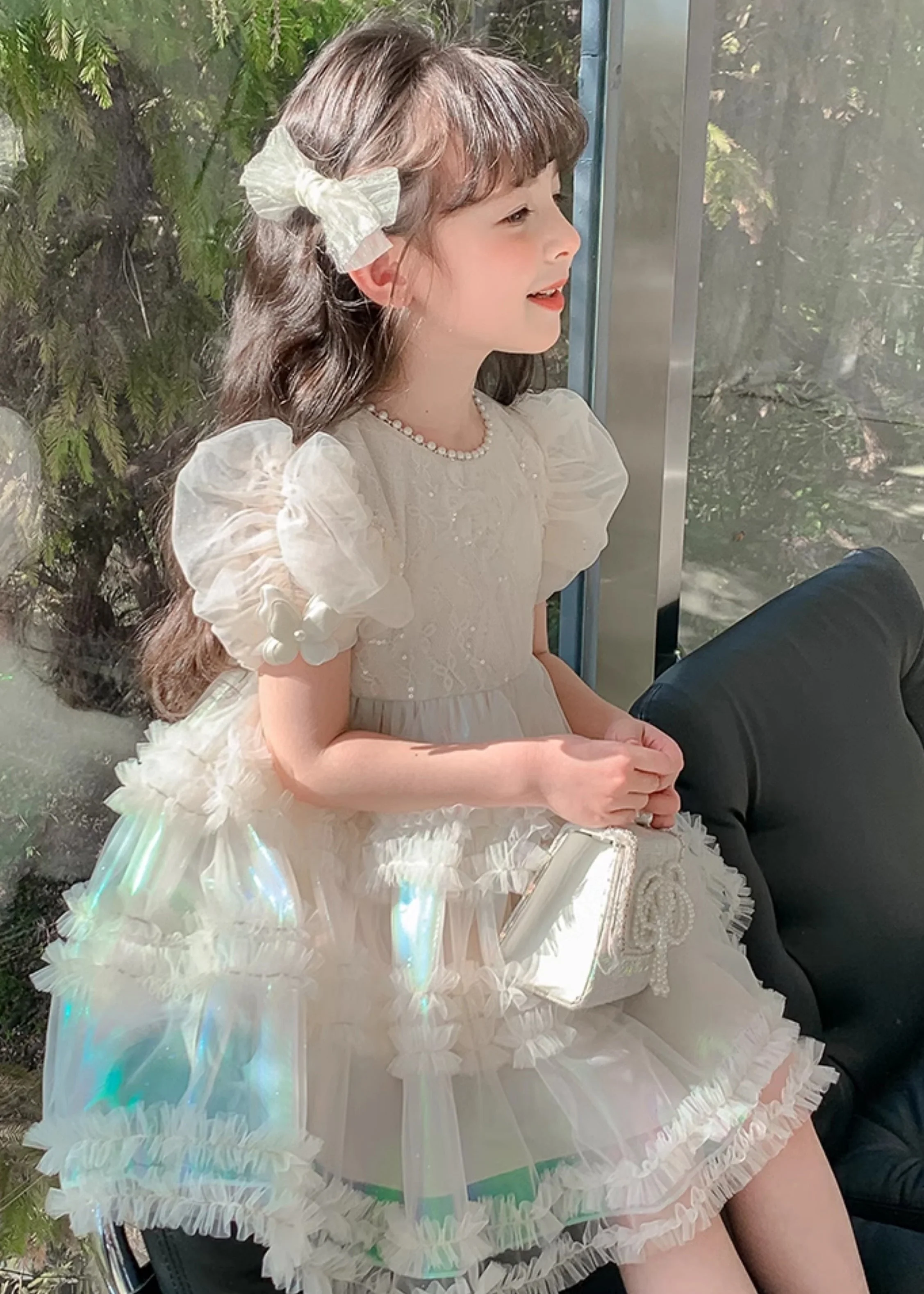 Gradient Color White Ruffled Patchwork Nail Bead Tulle Kids Long Dress Short Sleeve - Image 3
