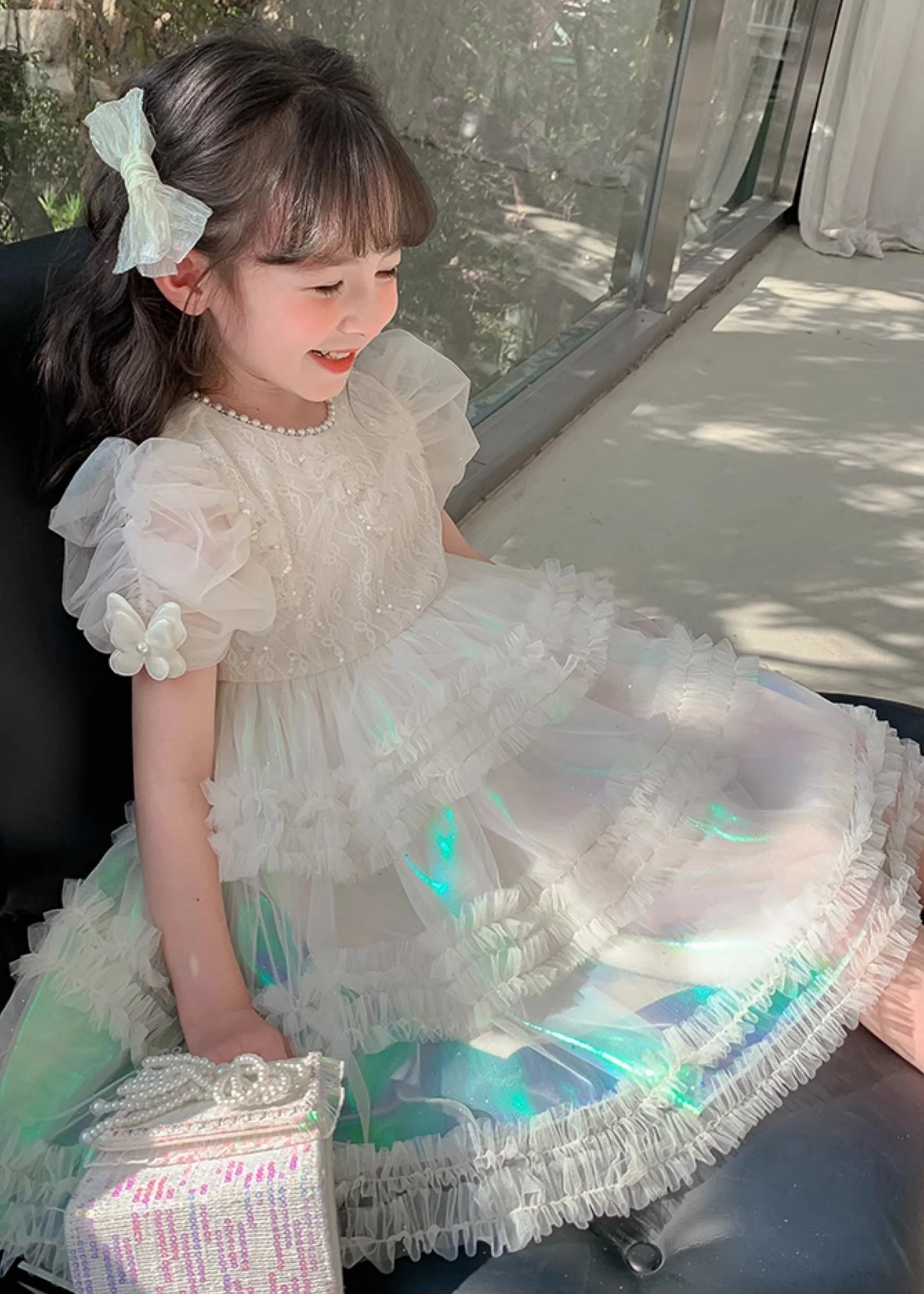 Gradient Color White Ruffled Patchwork Nail Bead Tulle Kids Long Dress Short Sleeve - Image 4