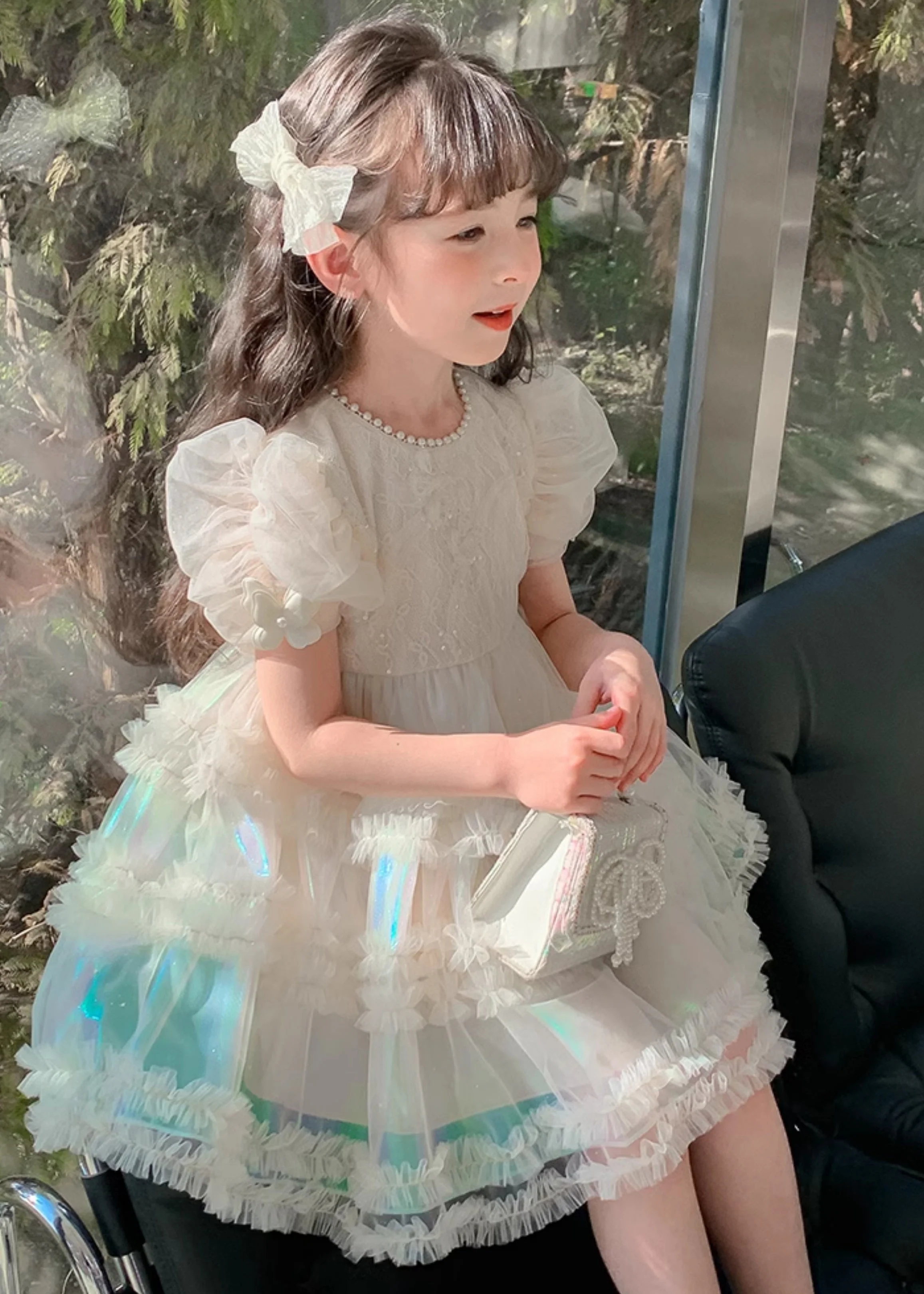 Gradient Color White Ruffled Patchwork Nail Bead Tulle Kids Long Dress Short Sleeve - Image 5