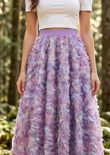 Gradient Purple Floral Elastic Waist Tulle Holiday Skirt Spring - Image 2