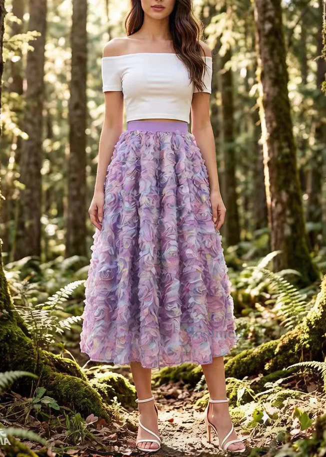 Gradient Purple Floral Elastic Waist Tulle Holiday Skirt Spring - Image 3
